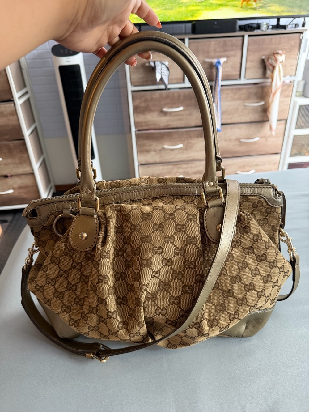 Gucci Tan Brown Monogram Shoulder Bag with Gold Accents